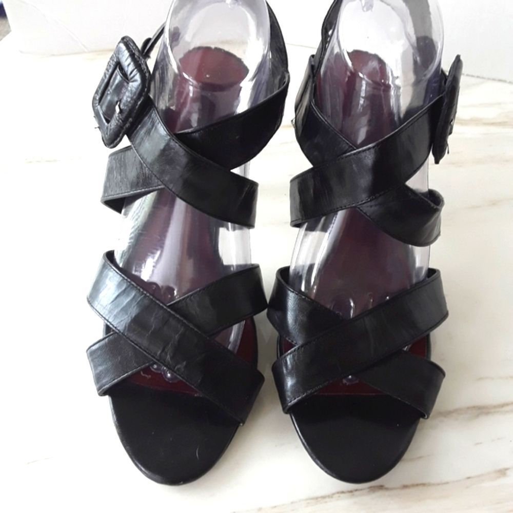 ANN MARINO Black Leather Double Criss-Cross Heel Sandals Sz. 9M